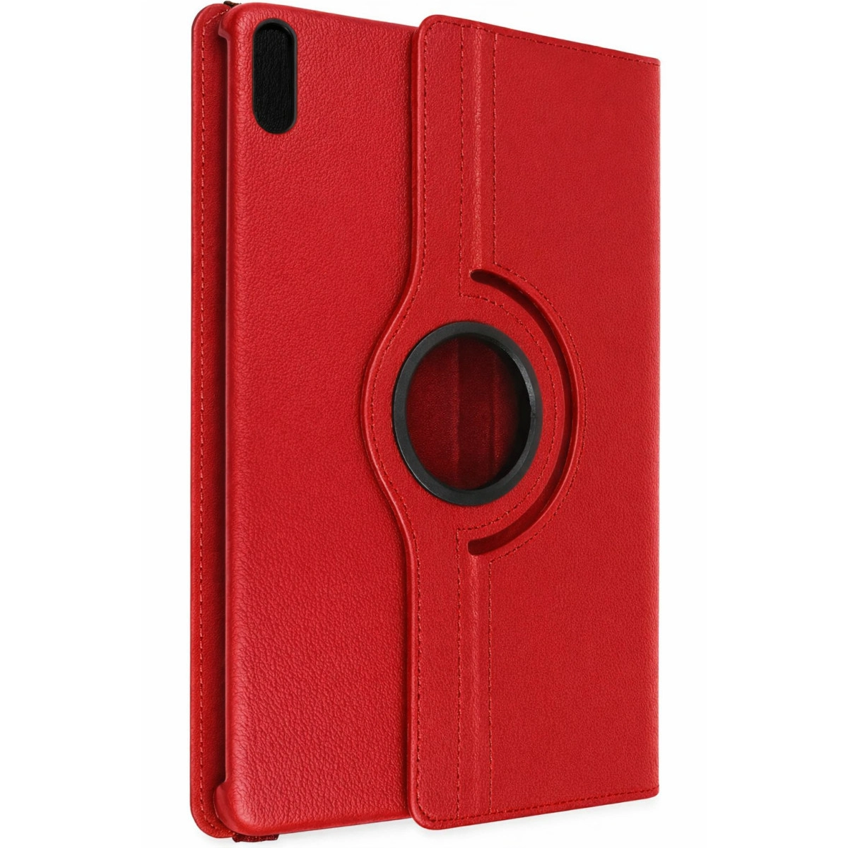 Ortasında siyah döner halkalı kırmızı tablet kılıfı.