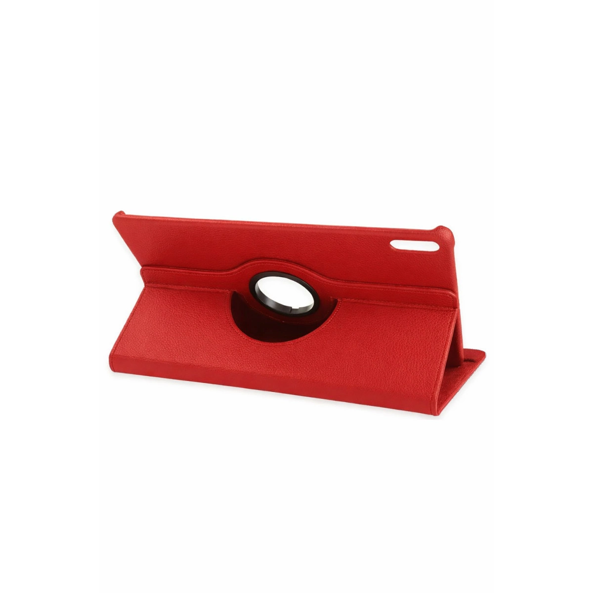 Ortasında yuvarlak kesiği olan kırmızı tablet kılıfı.