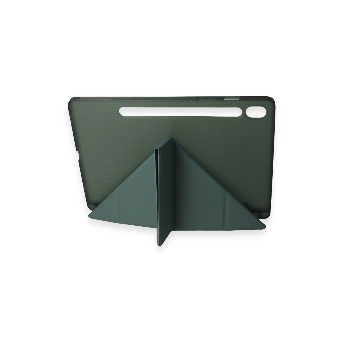 Cihazı dik tutan, origami tarzı stantlı koyu yeşil tablet kılıfı.