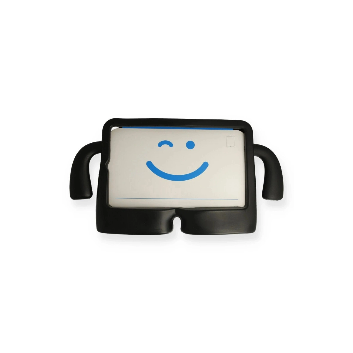 Kolları ve bacakları olan siyah tablet standı, mavi gülümseyen bir yüz sergiliyor.