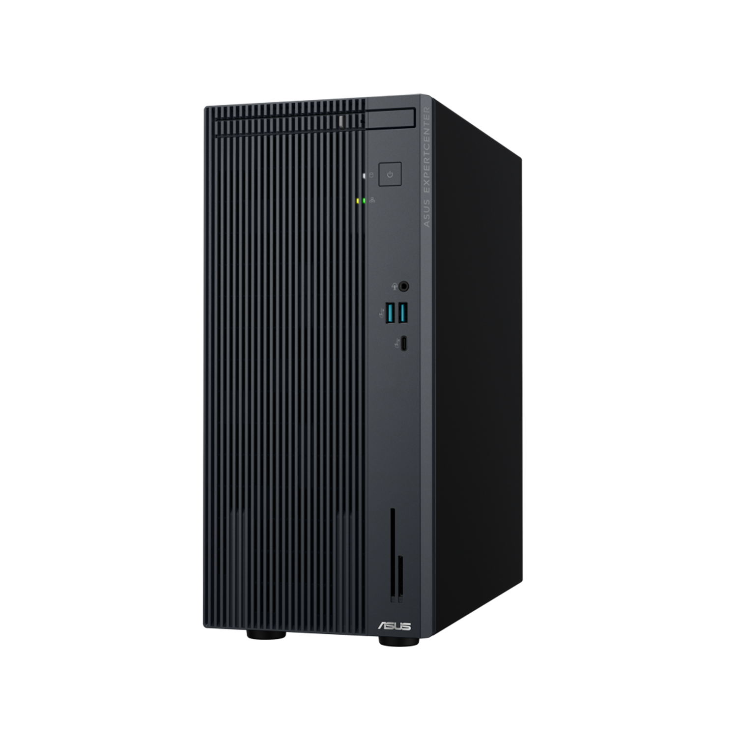 Havalandırma yuvaları ve bağlantı noktalarına sahip siyah bir ASUS ExpertCenter masaüstü bilgisayar.