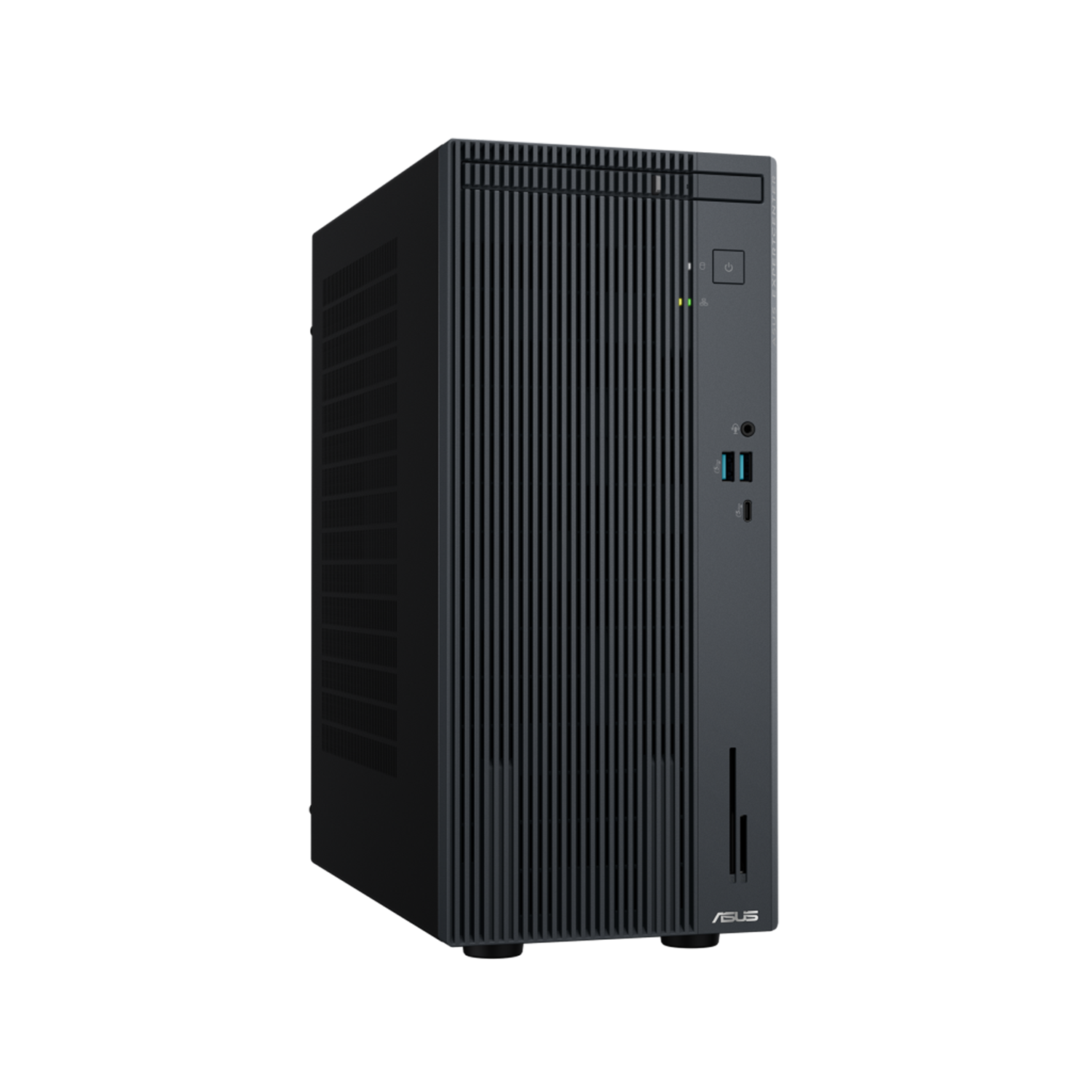 Dikey havalandırma delikleri ve ön bağlantı noktalarına sahip siyah ASUS Mini PC.