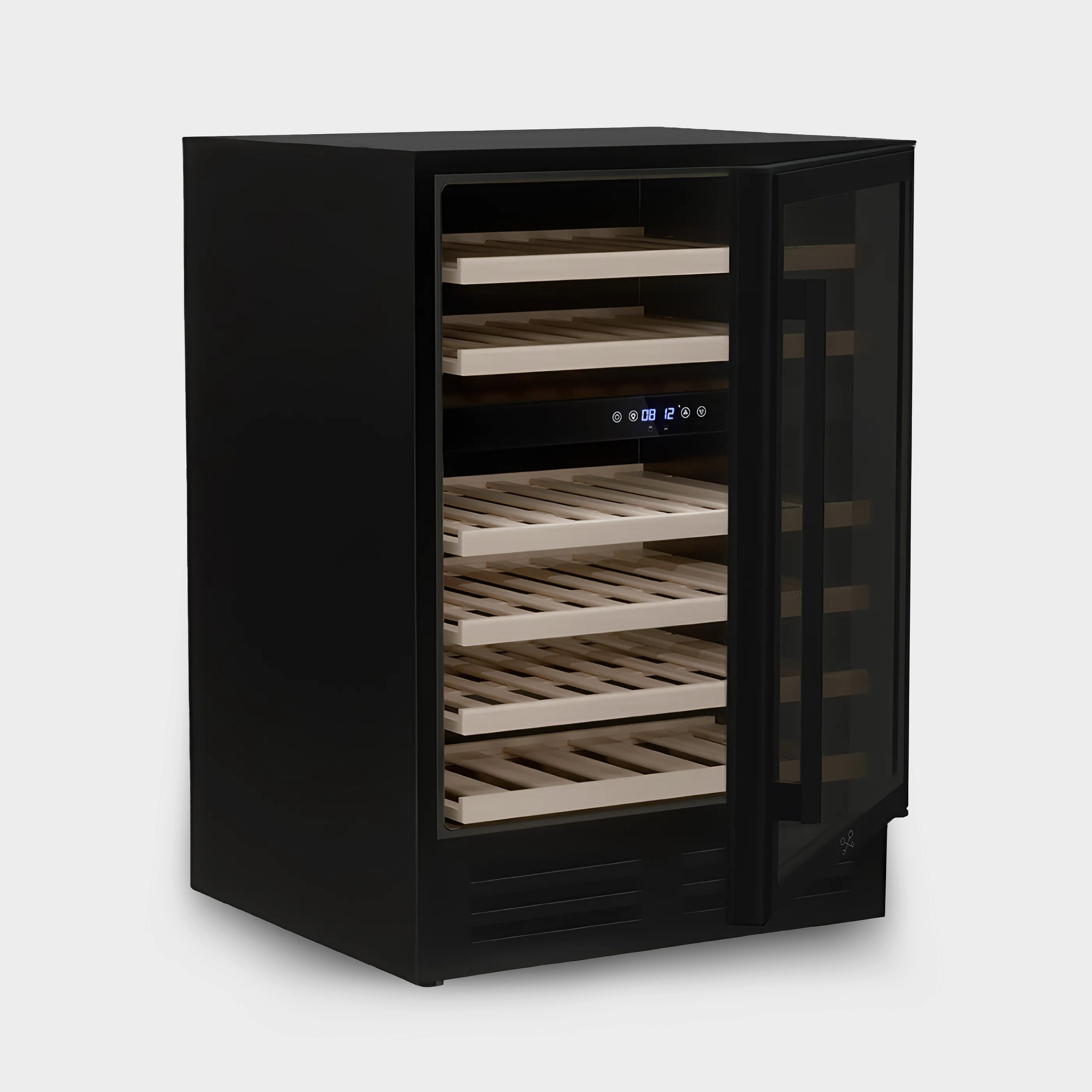 Schwarzer Weinkühlschrank mit Glastür und Holzböden.