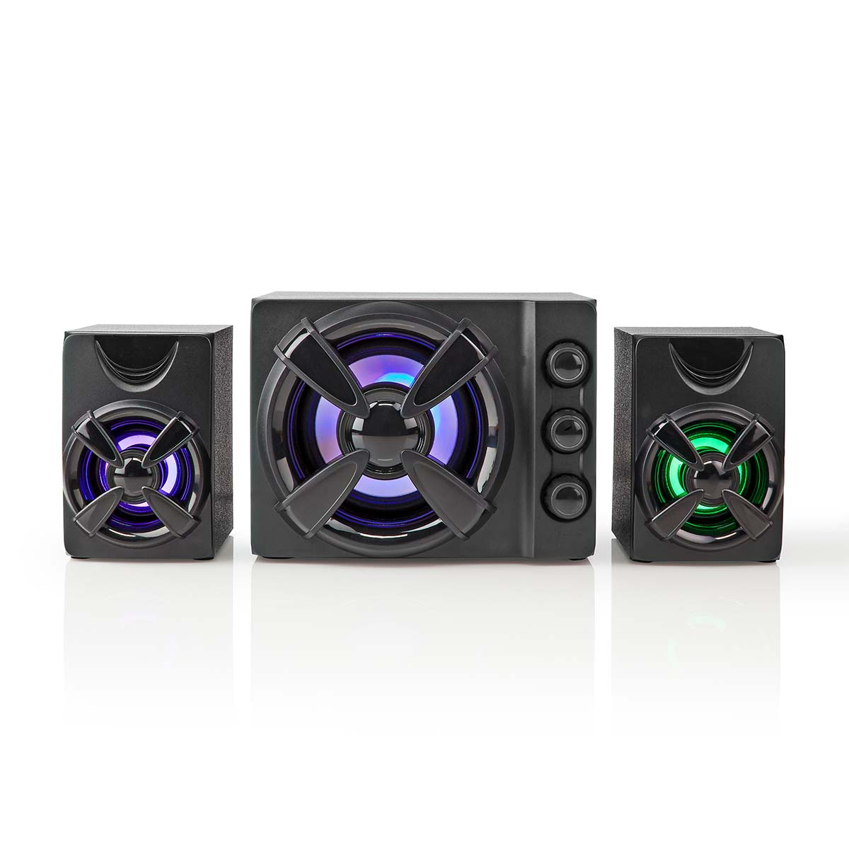 Tres altavoces negros con luces azules y verdes sobre fondo blanco.