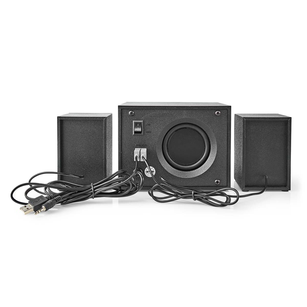 Juego de altavoces negros con subwoofer y dos altavoces satélite.