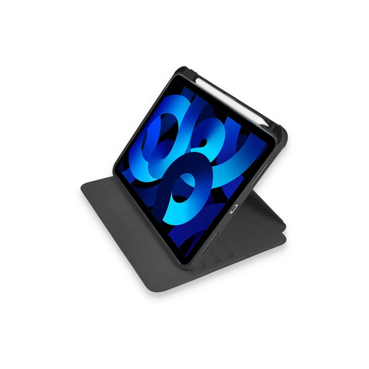 Beyaz arka plan üzerinde siyah kılıf üzerinde beyaz kalemli siyah tablet.