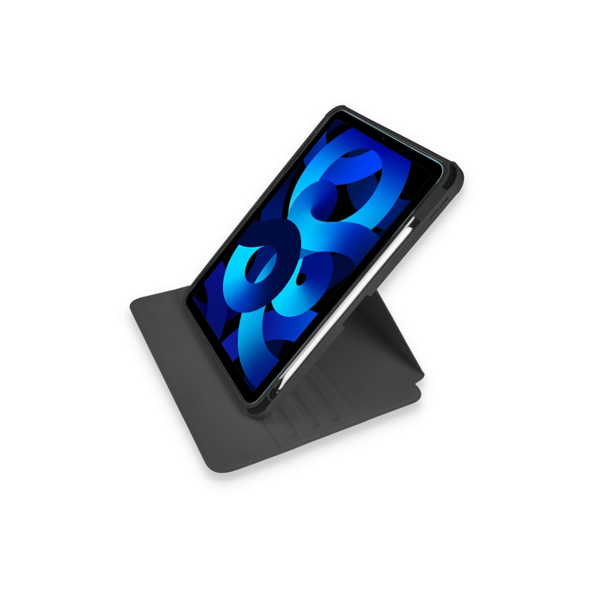 Gri tablet kılıfında, beyaz arka planda açılı duruyor. Yanında kalem.