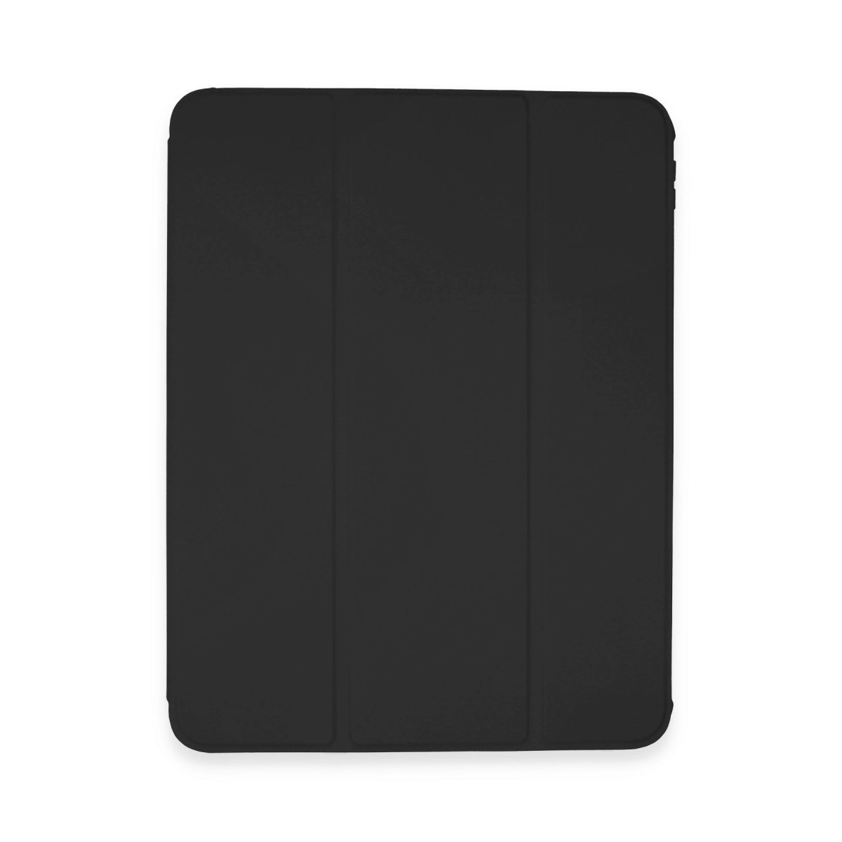 Üç dikey katlanmış siyah tablet kılıfı, beyaz arka plan üzerinde.