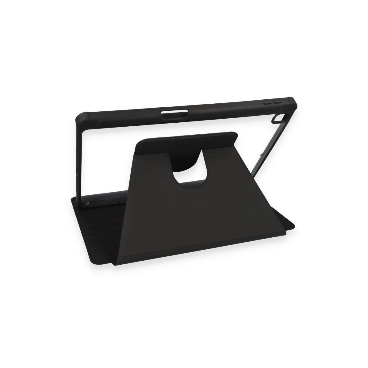 Çeşitli izleme açıları için ayarlanabilen, entegre kılıflı siyah tablet standı.