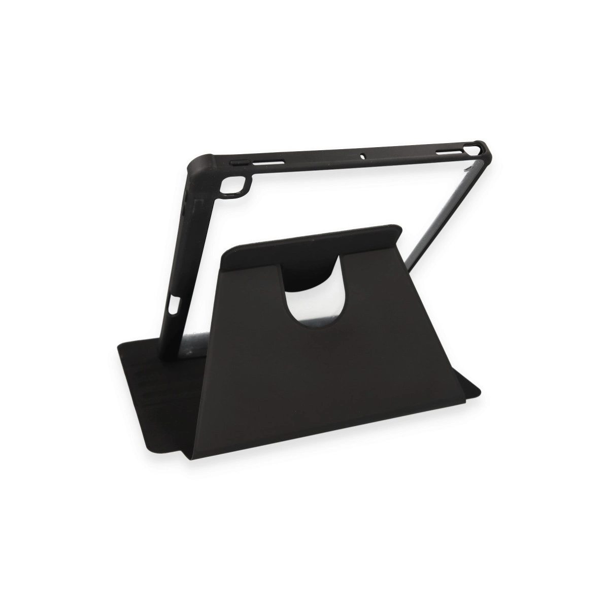 Siyah bir kılıfta siyah tablet, siyah bir stand üzerinde duruyor.