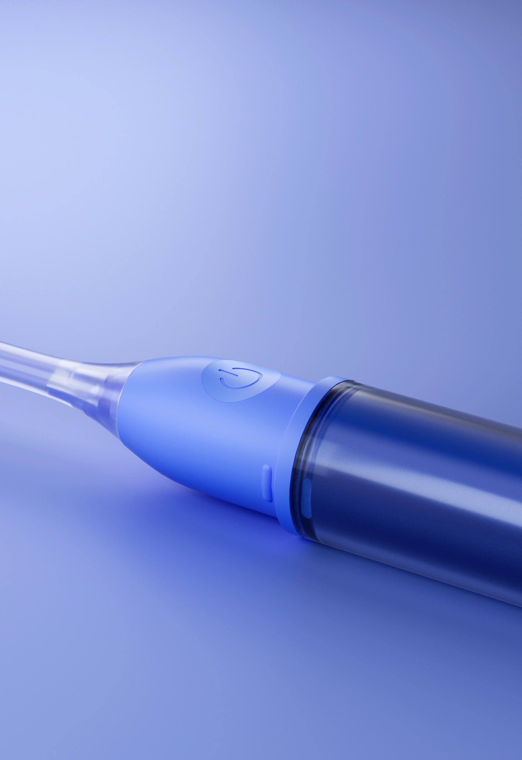 Una testina di spazzolino elettrico blu con pulsante di accensione.