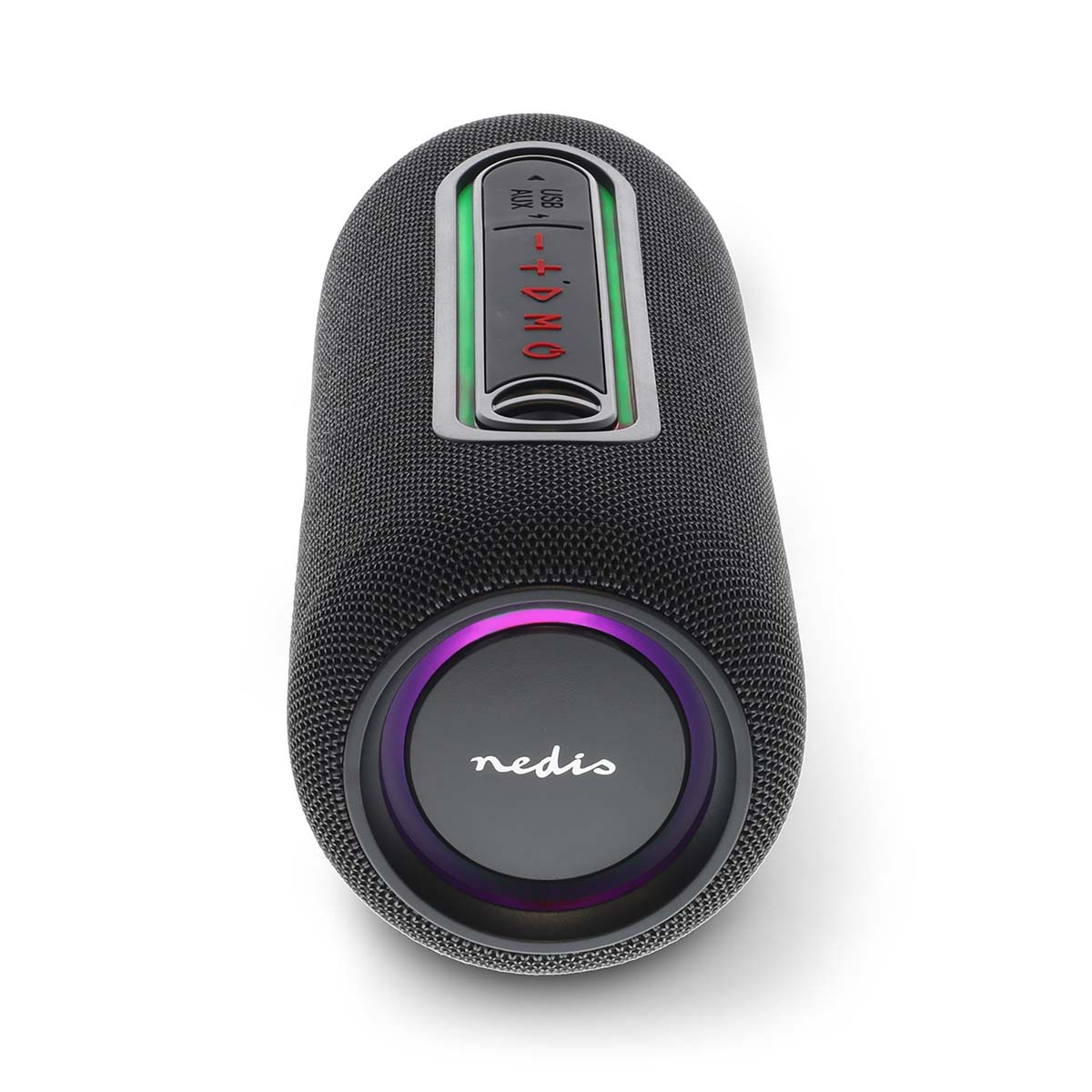 Altoparlante portatile nero con logo Nedis e illuminazione colorata.