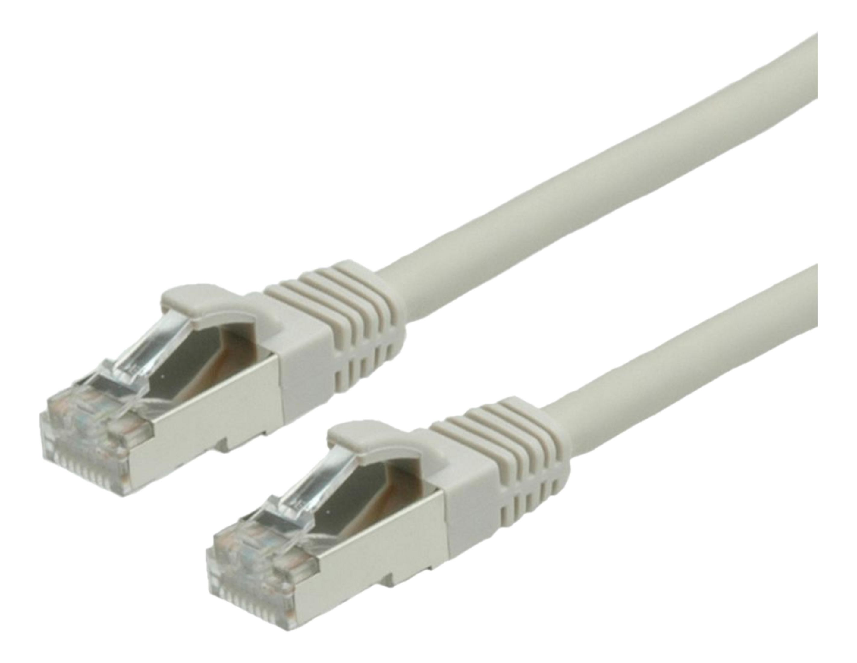 Dwa szare kable sieciowe z przezroczystymi złączami na białym tle.