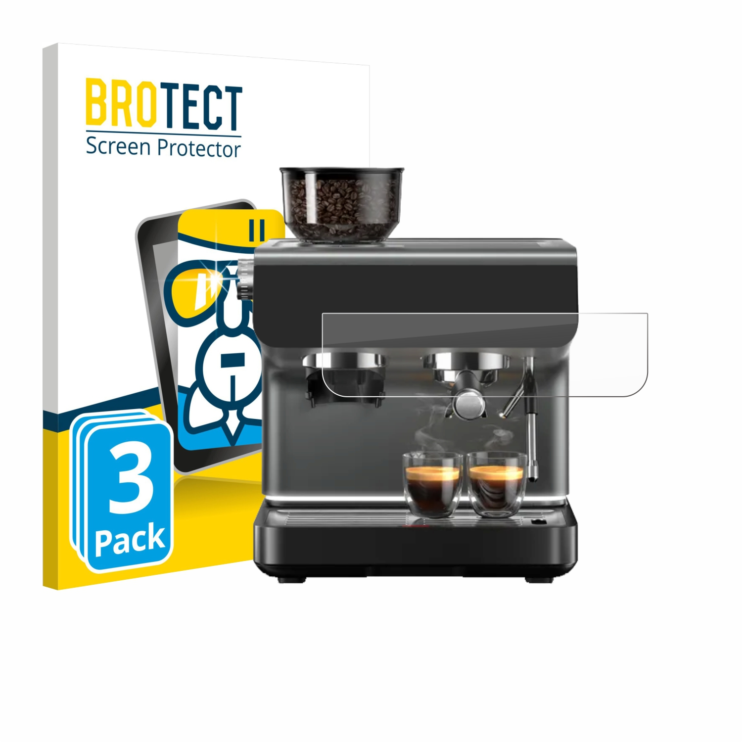 Espressomaschine mit zwei Tassen und Bohnenbehälter, mit "BROTECT"-Verpackung.