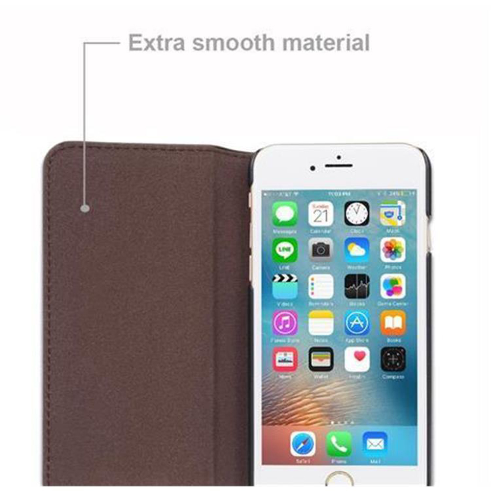 Custodia in pelle marrone per smartphone, aperta sullo schermo.
