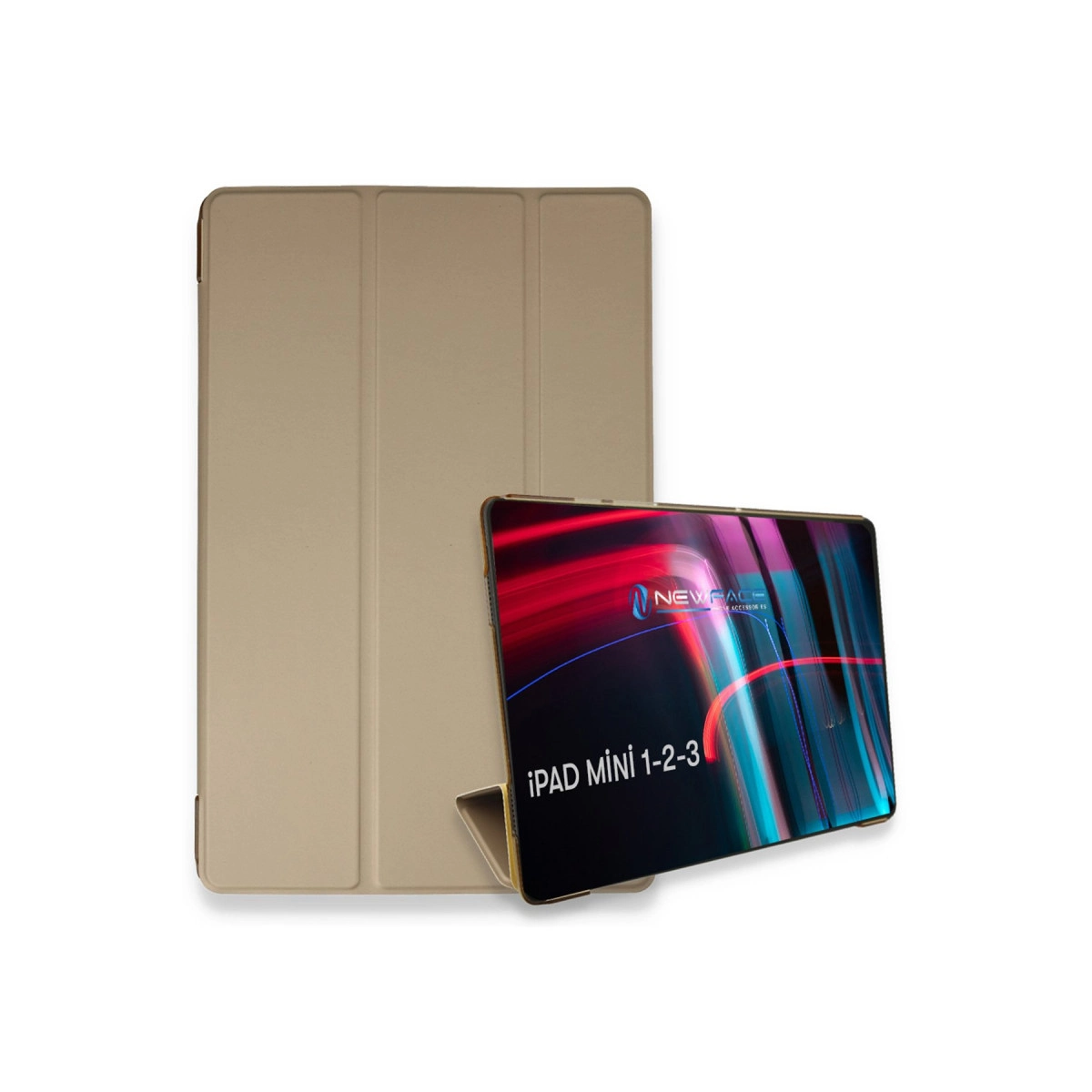 Dikey olarak duran bir tablete sahip altın rengi tablet standı.