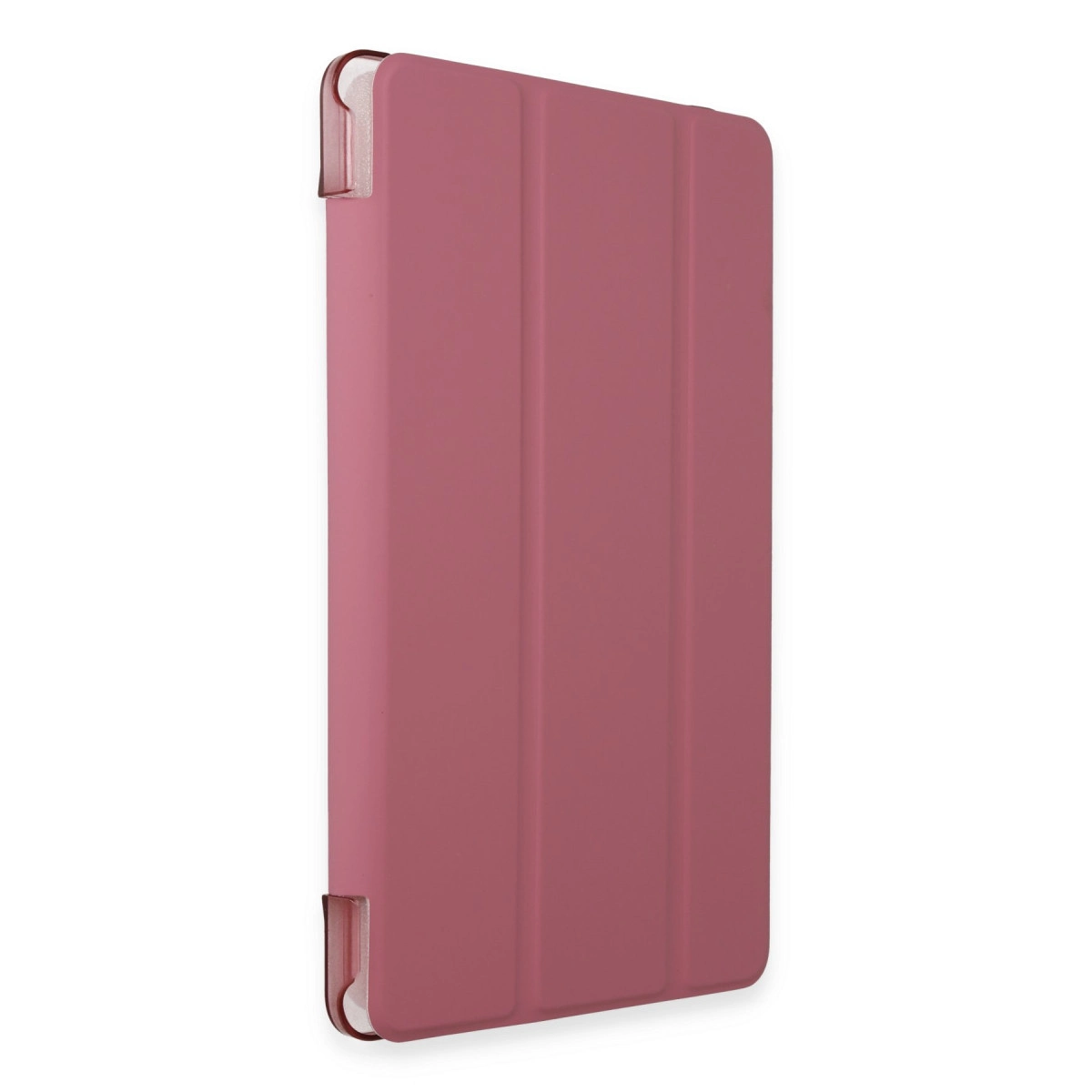 Ön tarafında üç dikey katlanma yeri olan pembe tablet kılıfı.