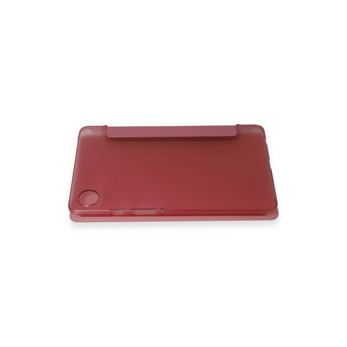 Standlı kırmızı tablet kılıfı, beyaz arka plan üzerinde.