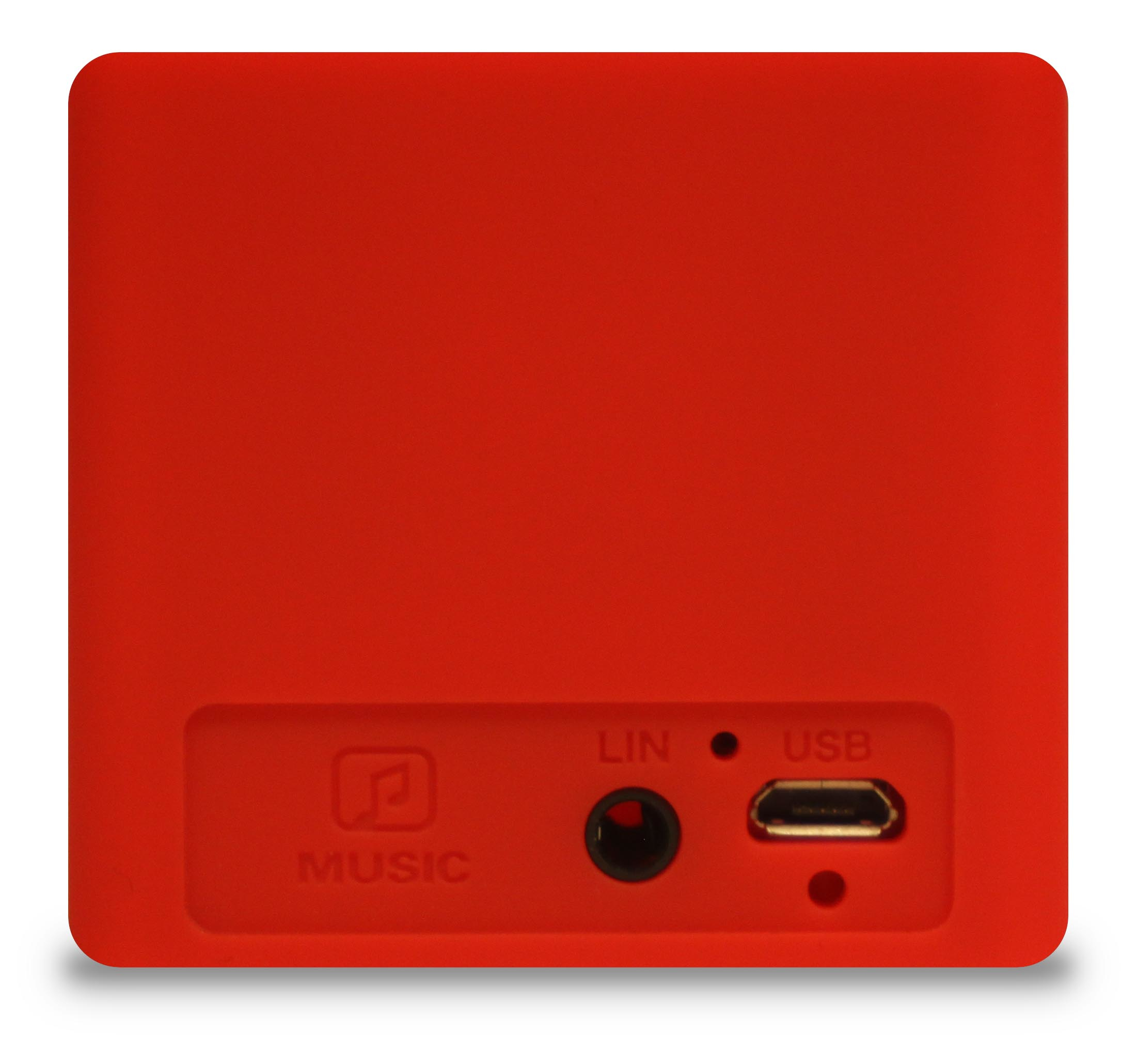 Czerwone pudełko z portami: symbol muzyki, Line-In i USB.