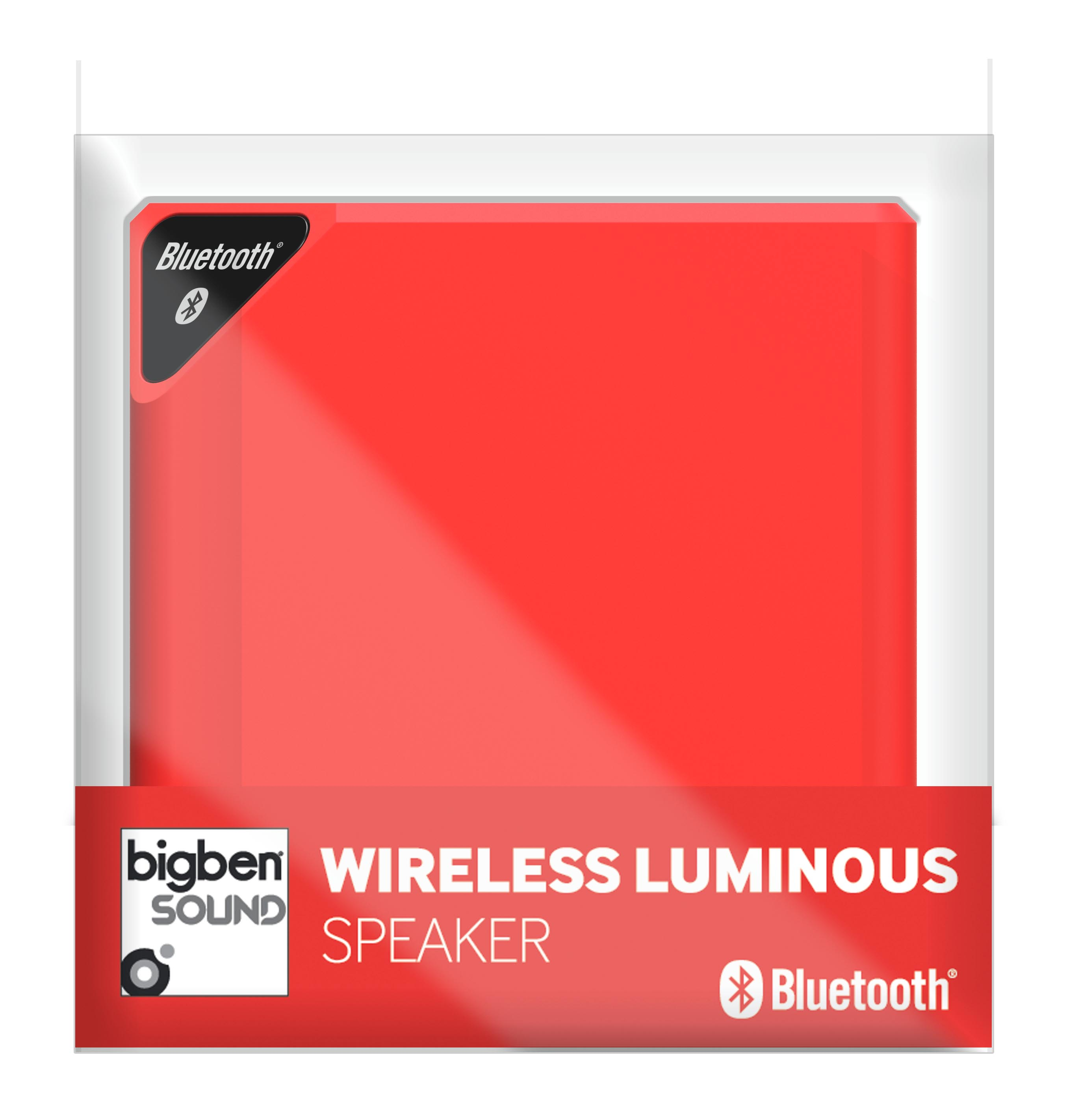 Czerwony głośnik bezprzewodowy z logo Bluetooth, w opakowaniu.