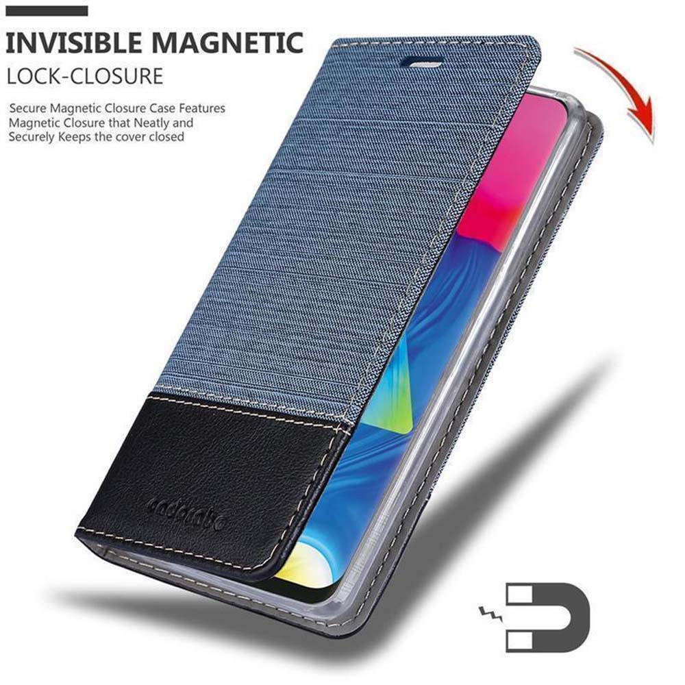 Custodia per telefono blu e nera con chiusura magnetica che protegge uno smartphone.