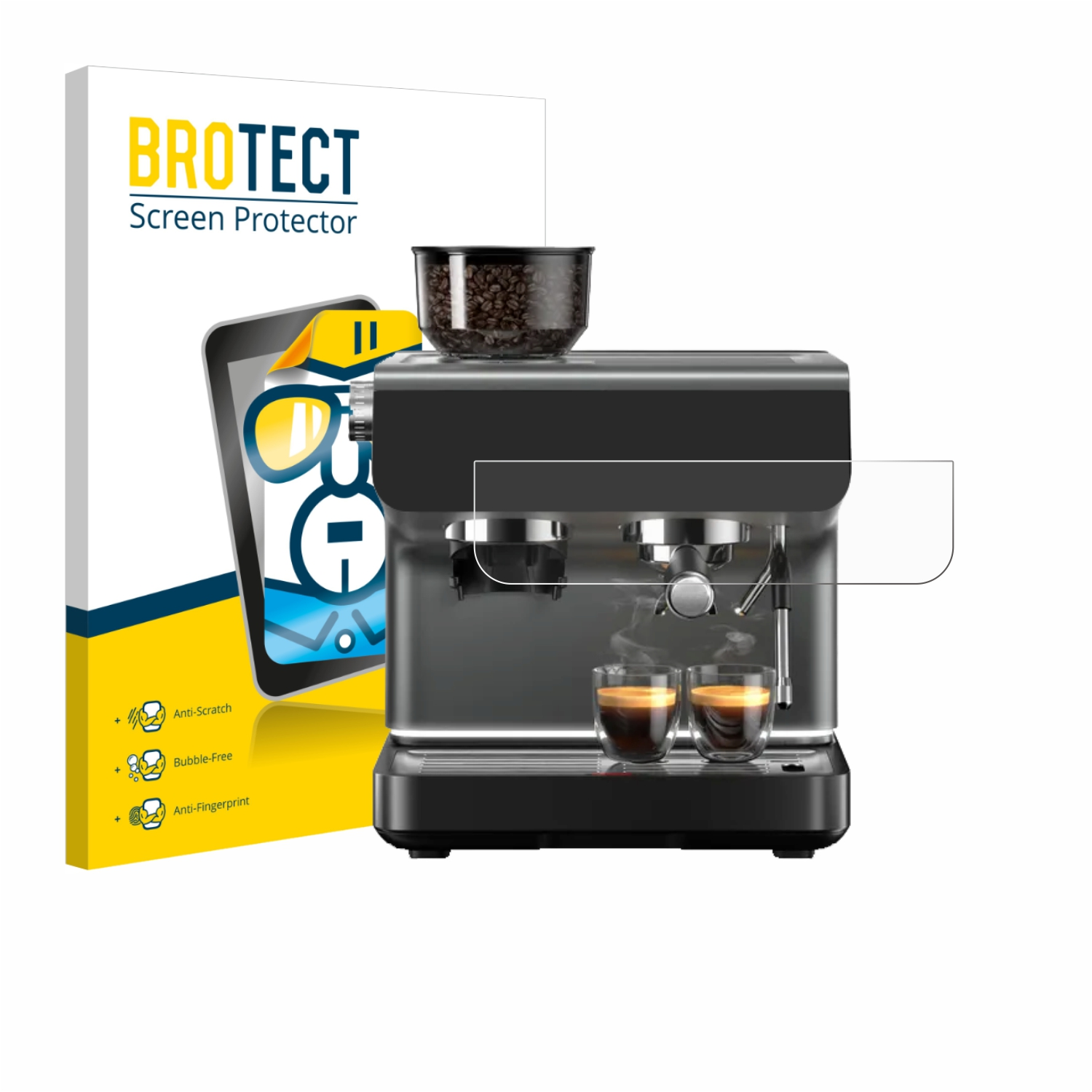 Espressomaschine mit zwei Tassen und Kaffeebohnenbehälter, BROTECT Verpackung daneben.