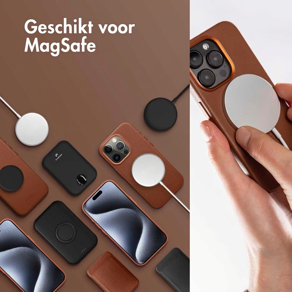 iPhone Zubehör: MagSafe Ladegeräte, Hüllen und Geldbörsen auf braunem Grund.