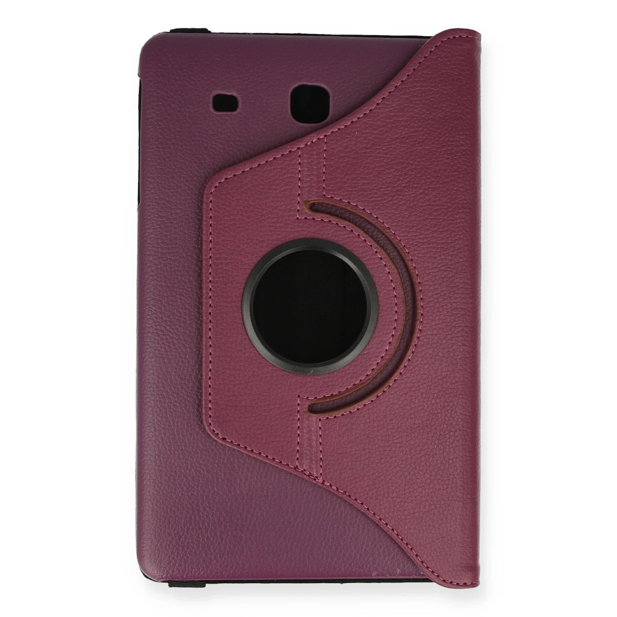 Dönebilen halkalı mor tablet kılıfı, kamera ve şarj portu için kesikleri bulunur.