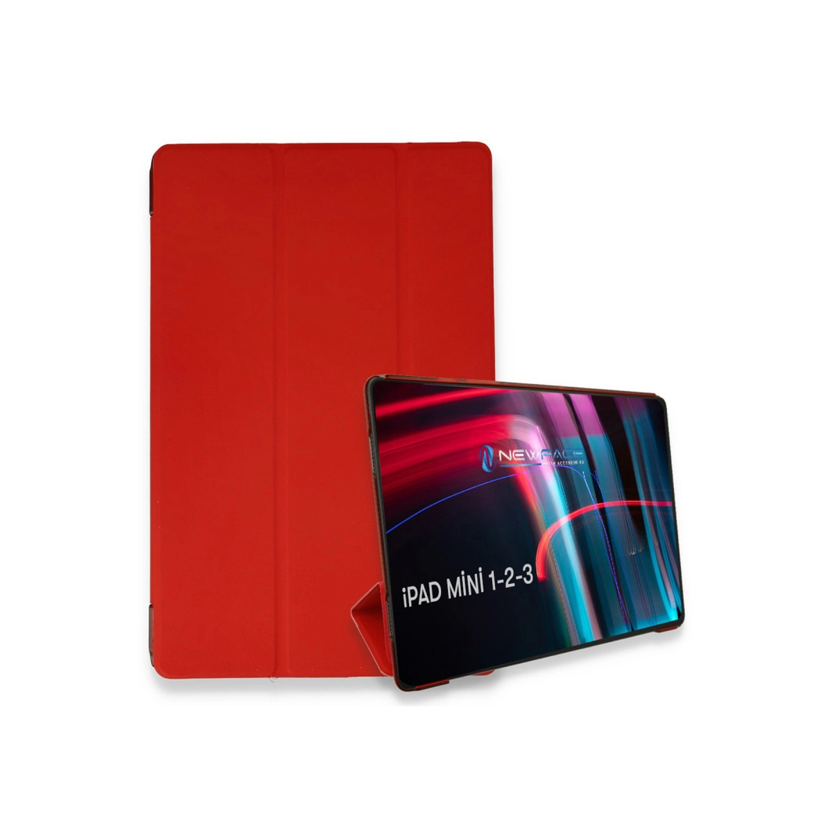 Renkli ekrana sahip açık bir iPad Mini'nin yanında duran kırmızı tablet kılıfı.