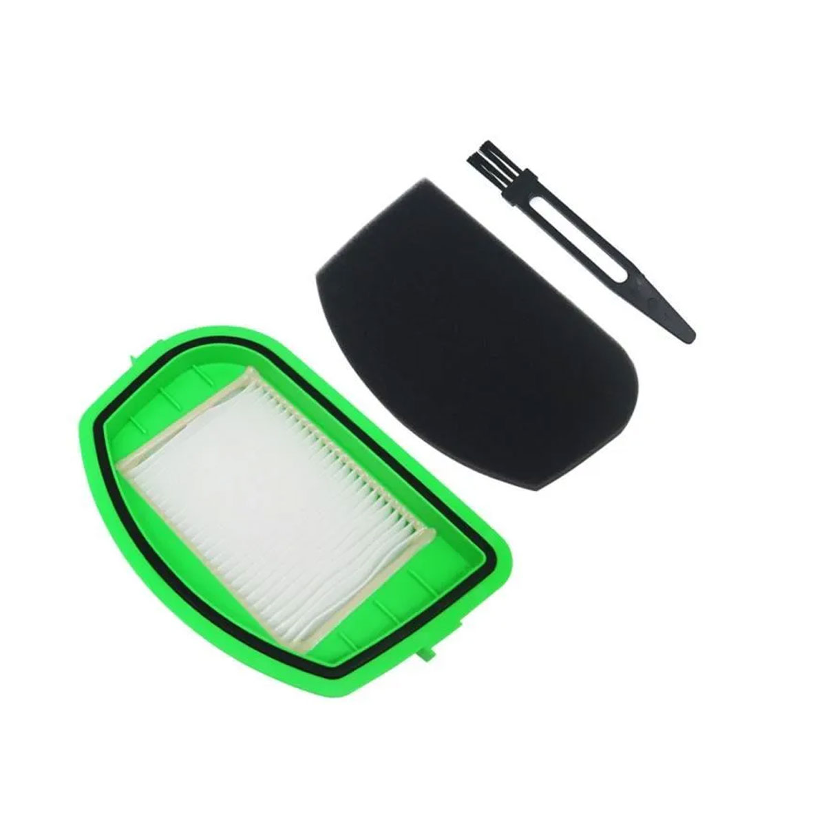 Zielona ramka filtra z białym filtrem, czarną gąbką i szczoteczką.