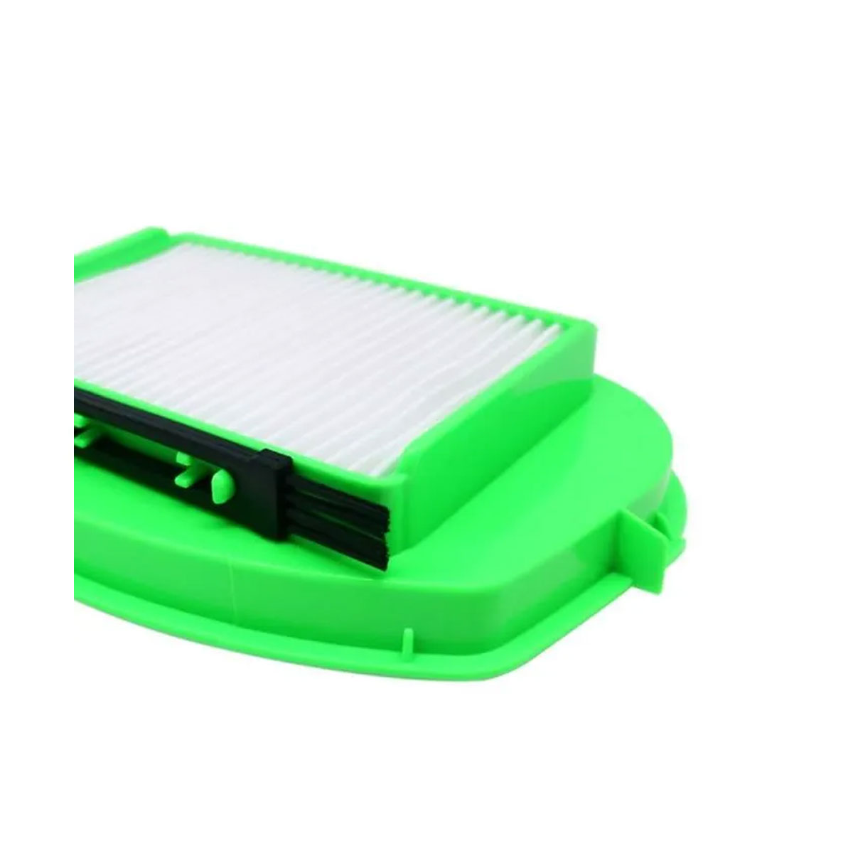 Zielony filtr odkurzacza z czarną szczotką na białym tle.