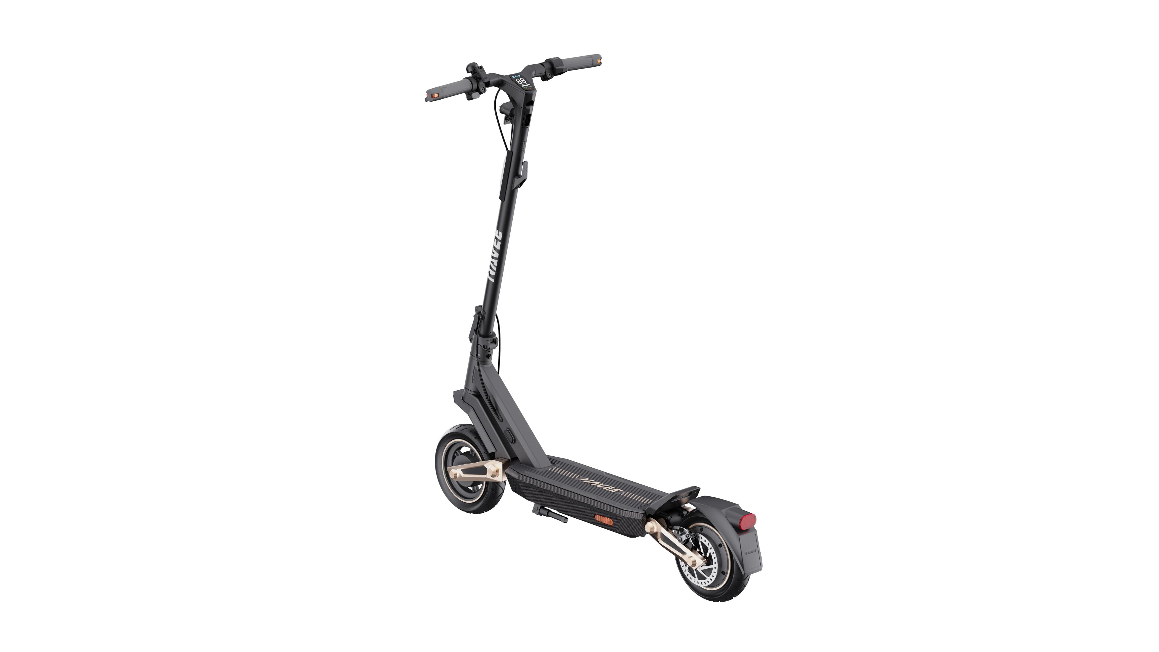 Uno scooter elettrico nero con accenti argentati e display digitale.
