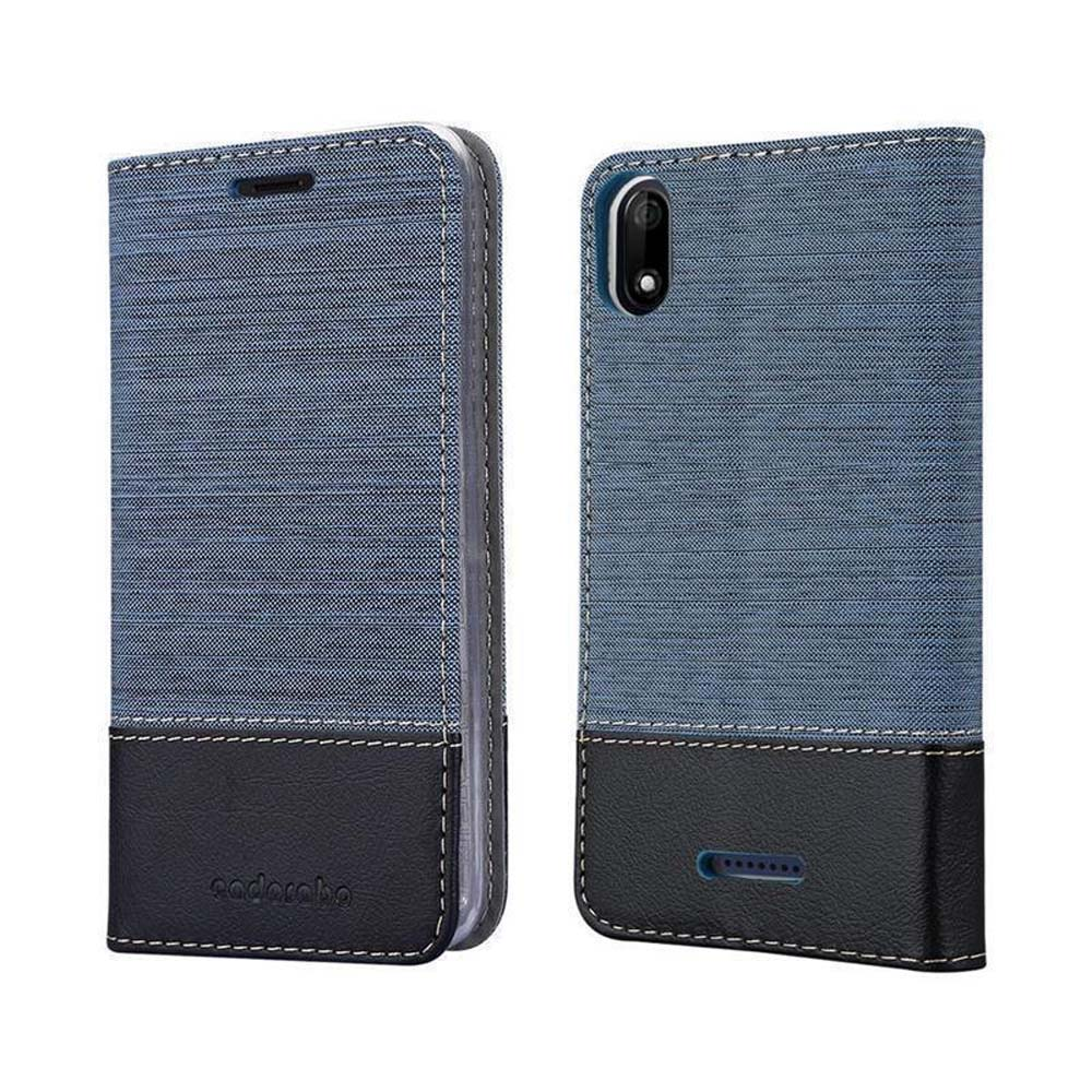 Custodia per telefono blu con fondo in pelle nera e cuciture.