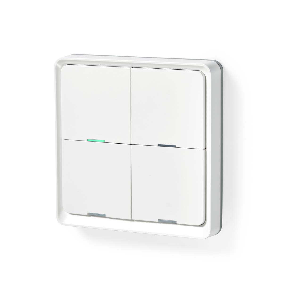 Een witte wandschakelaar met vier knoppen, waarvan twee verlicht.
