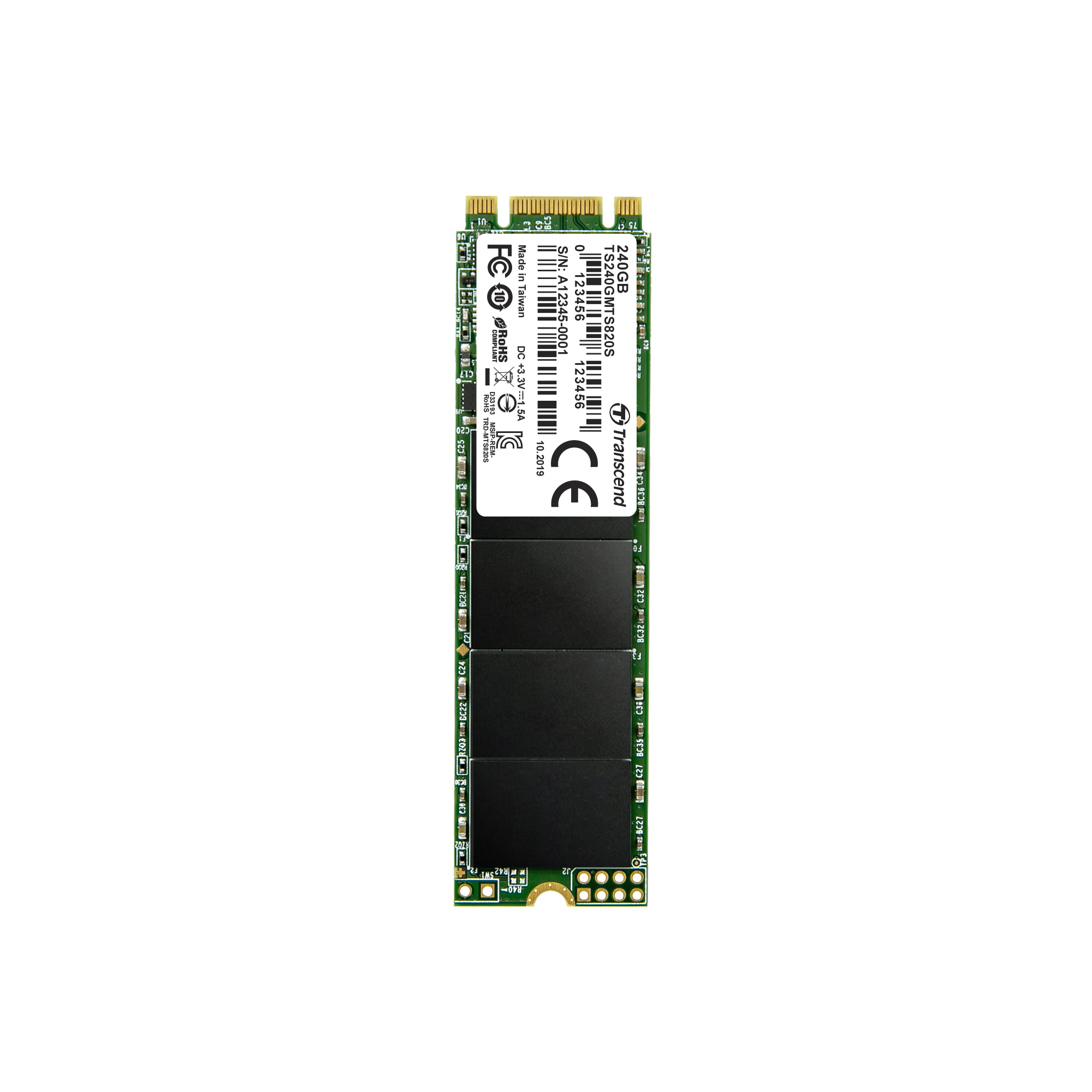 SSD M.2 da 240 GB con connettore dorato ed etichette su sfondo bianco.