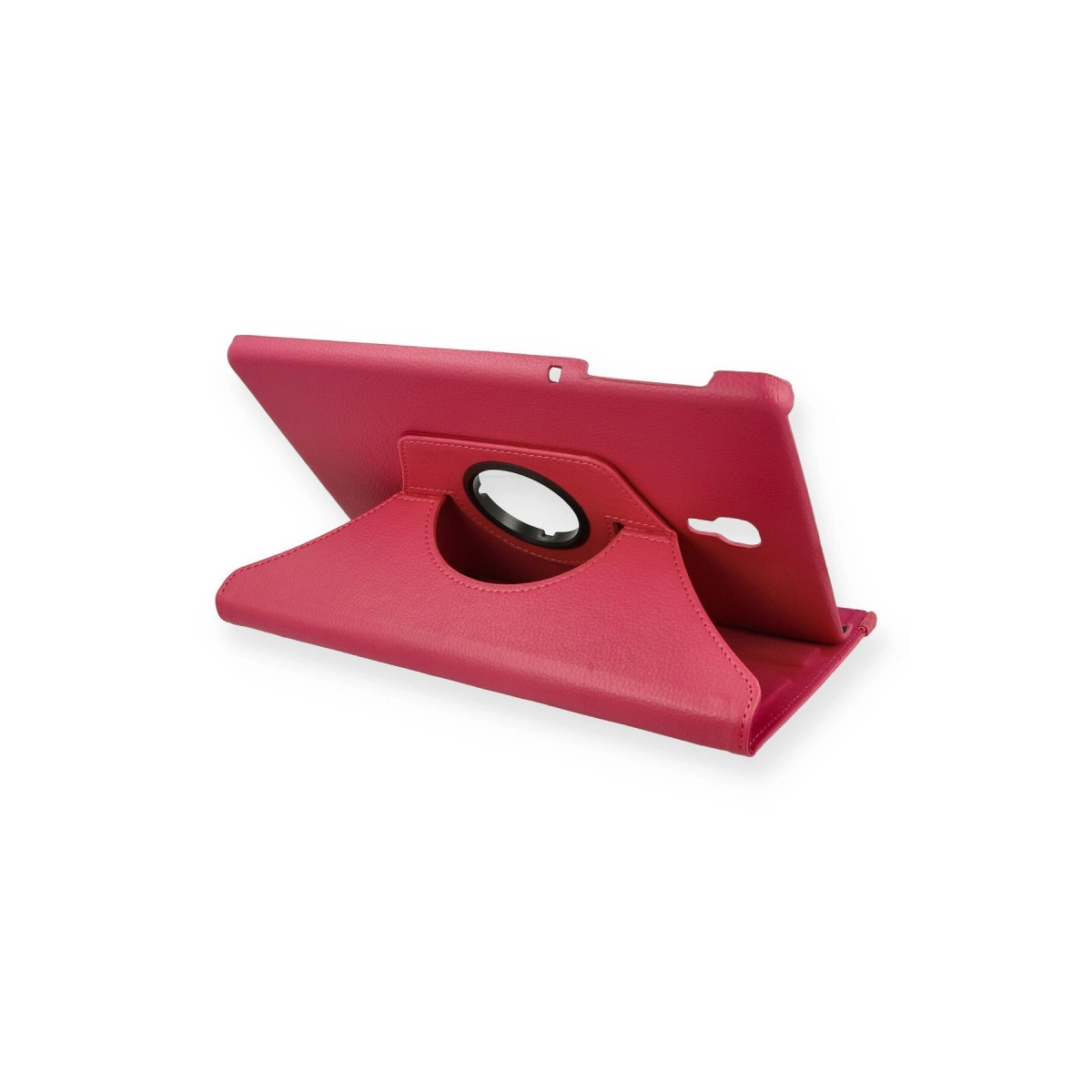 Beyaz arka plan üzerinde, dahili standlı pembe tablet kılıfı.