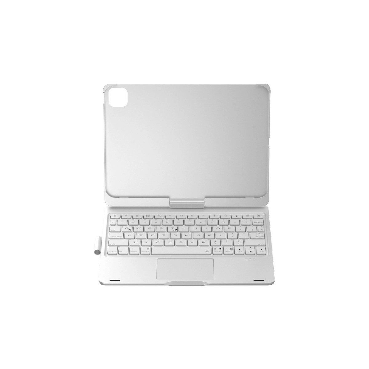 Gümüş renkli tablet, klavyeli ve kalem tutuculu, beyaz arka planda açık.