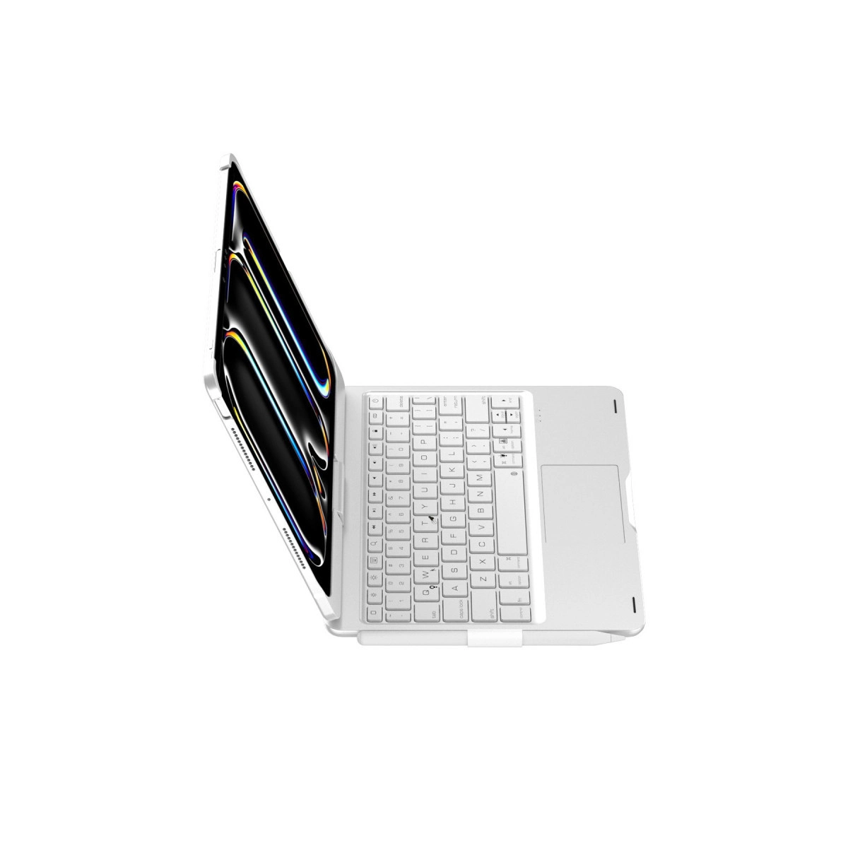 Beyaz tablet, takılı klavyeli kılıfı ile, yukarıdan görünüm.