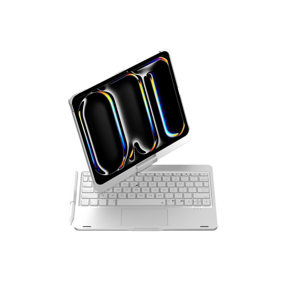Soyut, renkli ekranlı gümüş tablet klavyenin üzerinde.