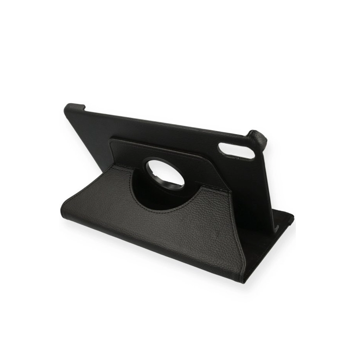 Beyaz arka planda dönen kılıfta siyah bir tablet.