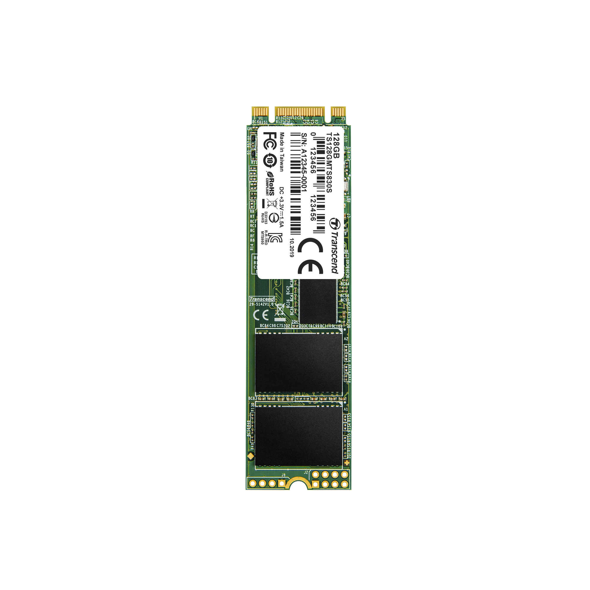 Un modulo SSD M.2 da 128 GB di Transcend con etichette e connettori.