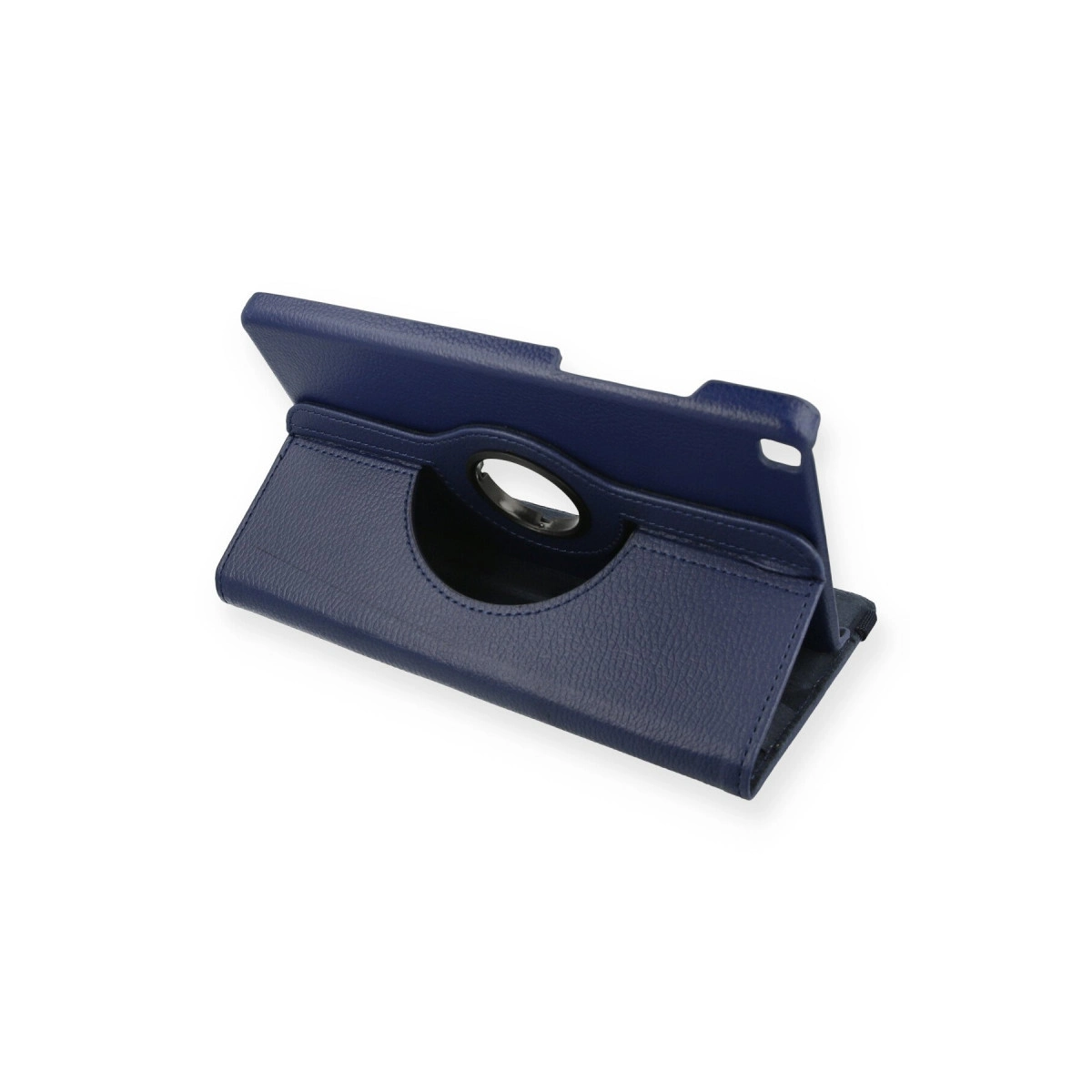 Koyu mavi deri tablet standı, tutamak kesiği mevcut.