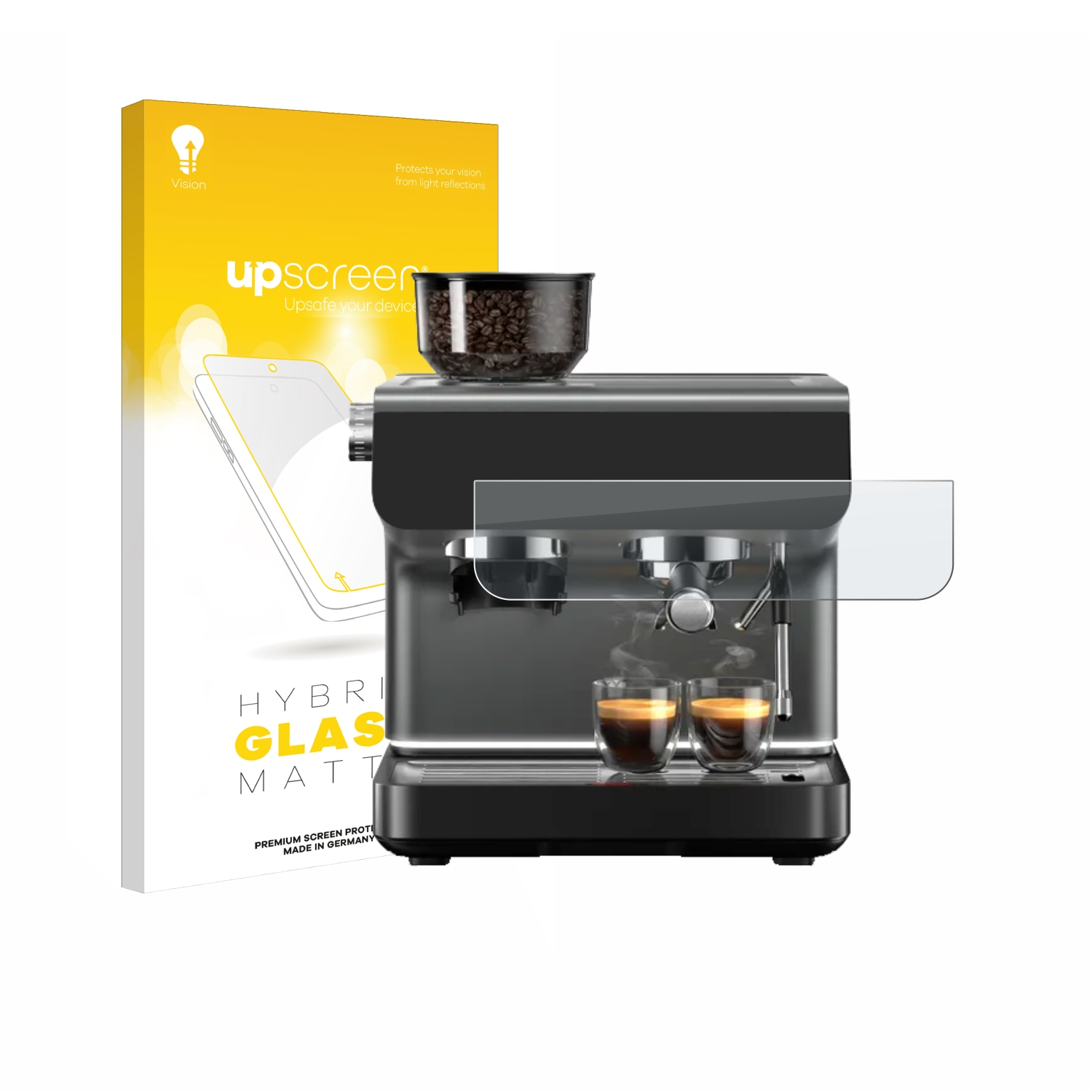 Espressomaschine mit Kaffeebohnenbehälter und zwei Espressotassen. Gelbe Verpackung im Hintergrund.