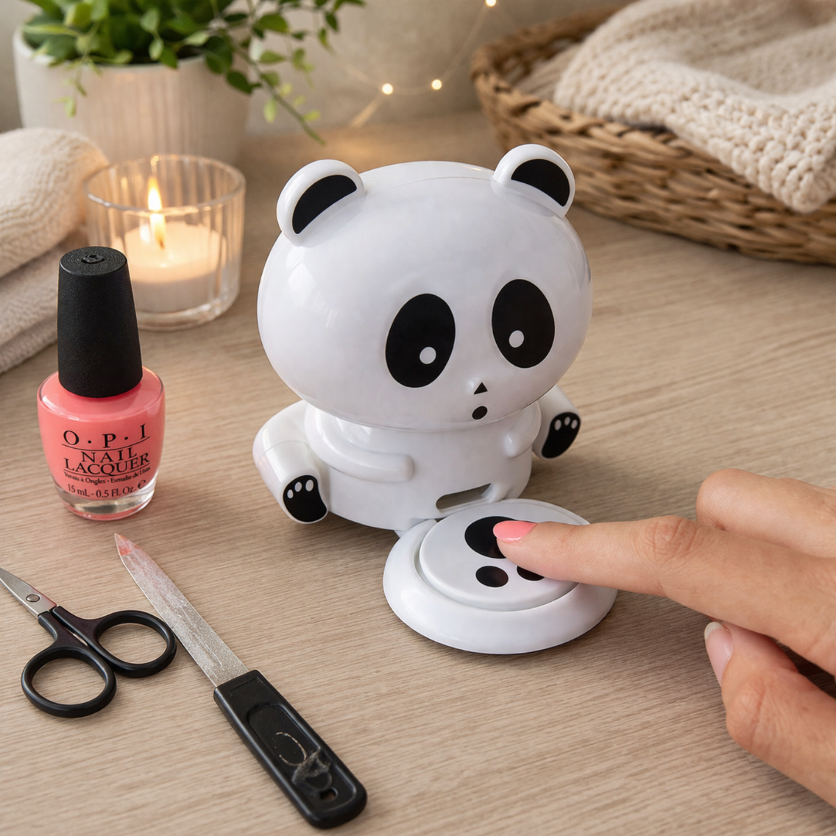 A white panda-shaped nail dryer with OPI nail polish and nail tools.