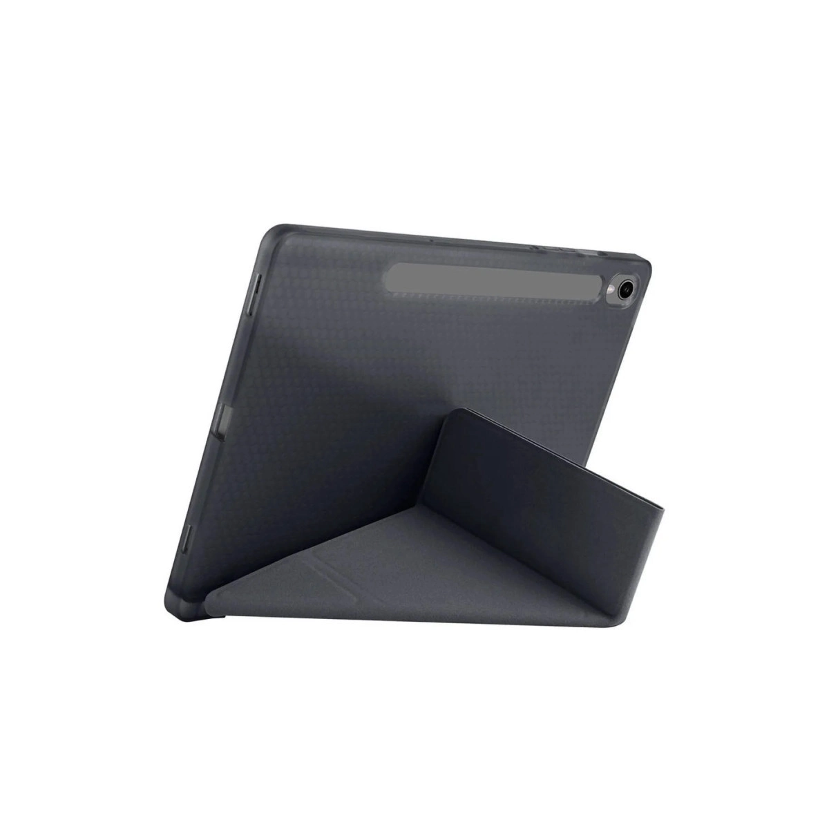 Altıgen desenli koyu gri tablet kılıfı beyaz zeminde dik duruyor.