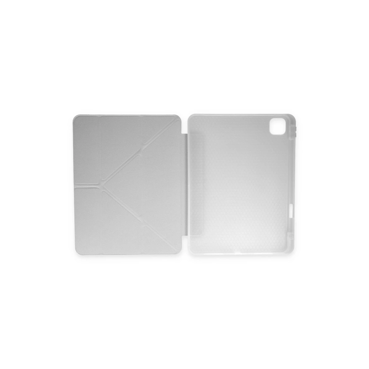 Açık gri tablet kılıfı, beyaz arka plan üzerinde açık ve düz duruyor.