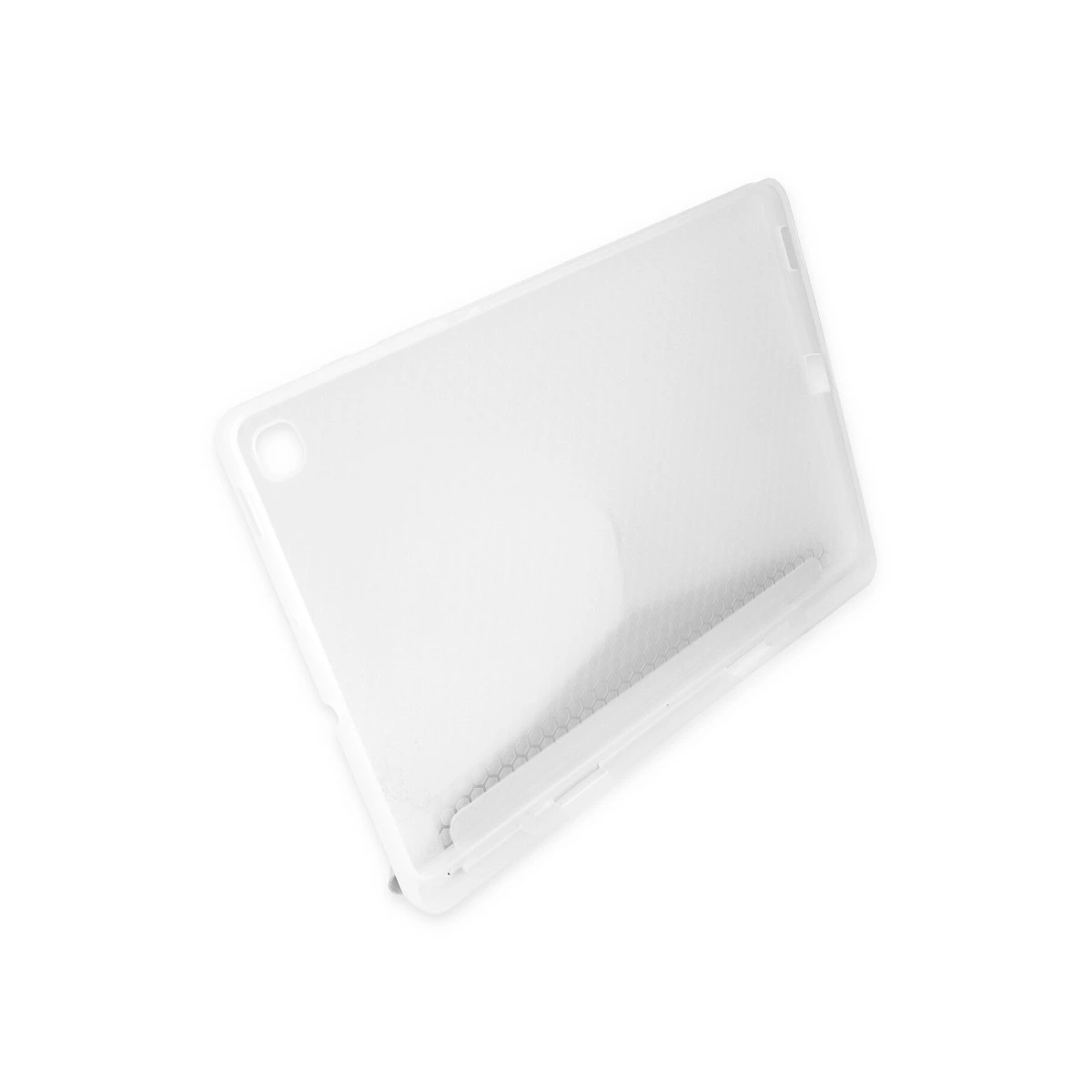 İçinde altıgen desenli beyaz, yarı saydam tablet kılıfı.