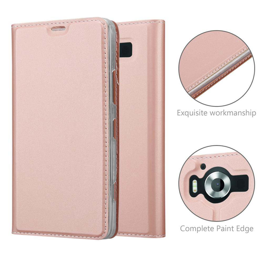 Una funda de teléfono rosa dorado abierta, con primeros planos de la artesanía.
