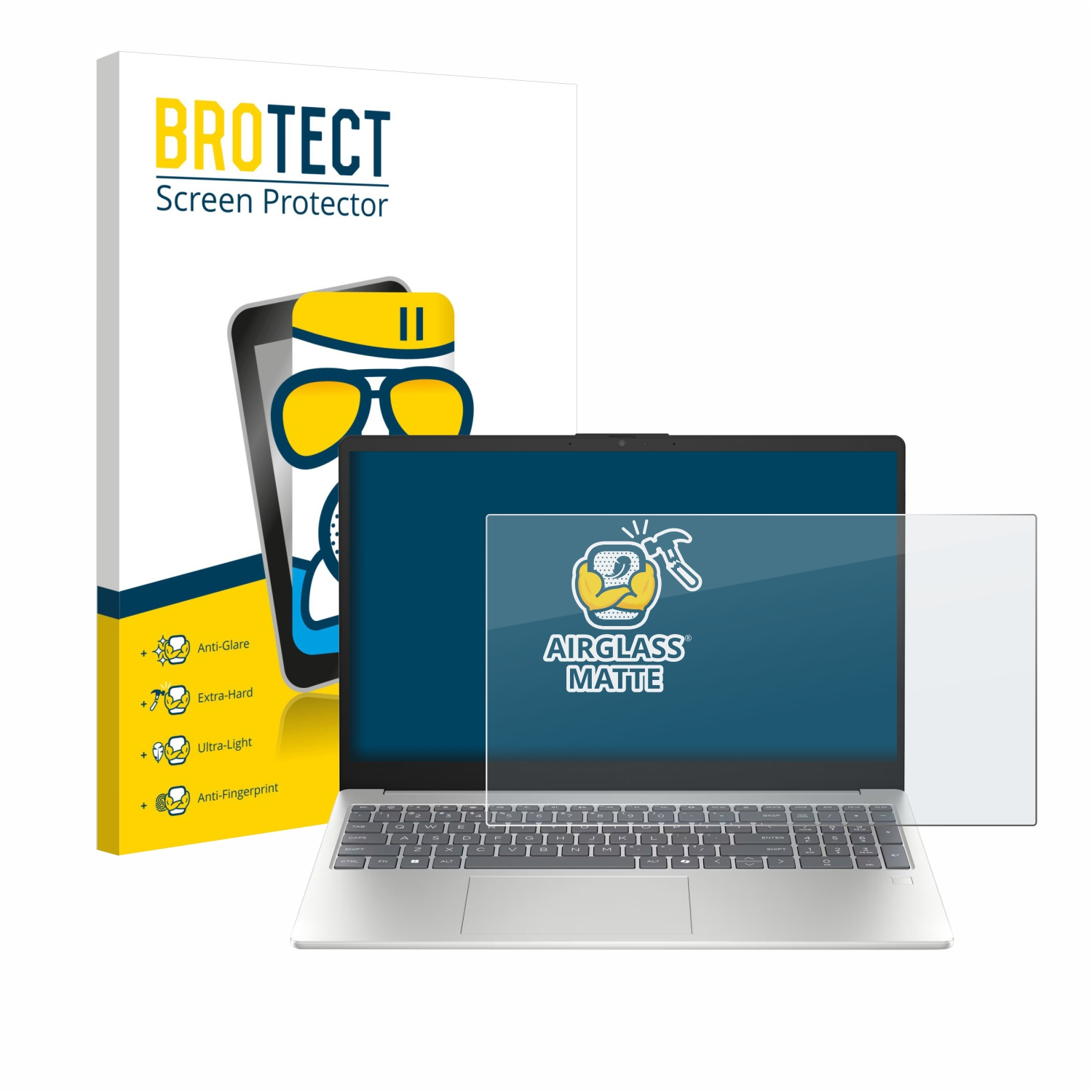 BROTECT Displayschutz-Verpackung neben einem Laptop mit angebrachtem Displayschutz.