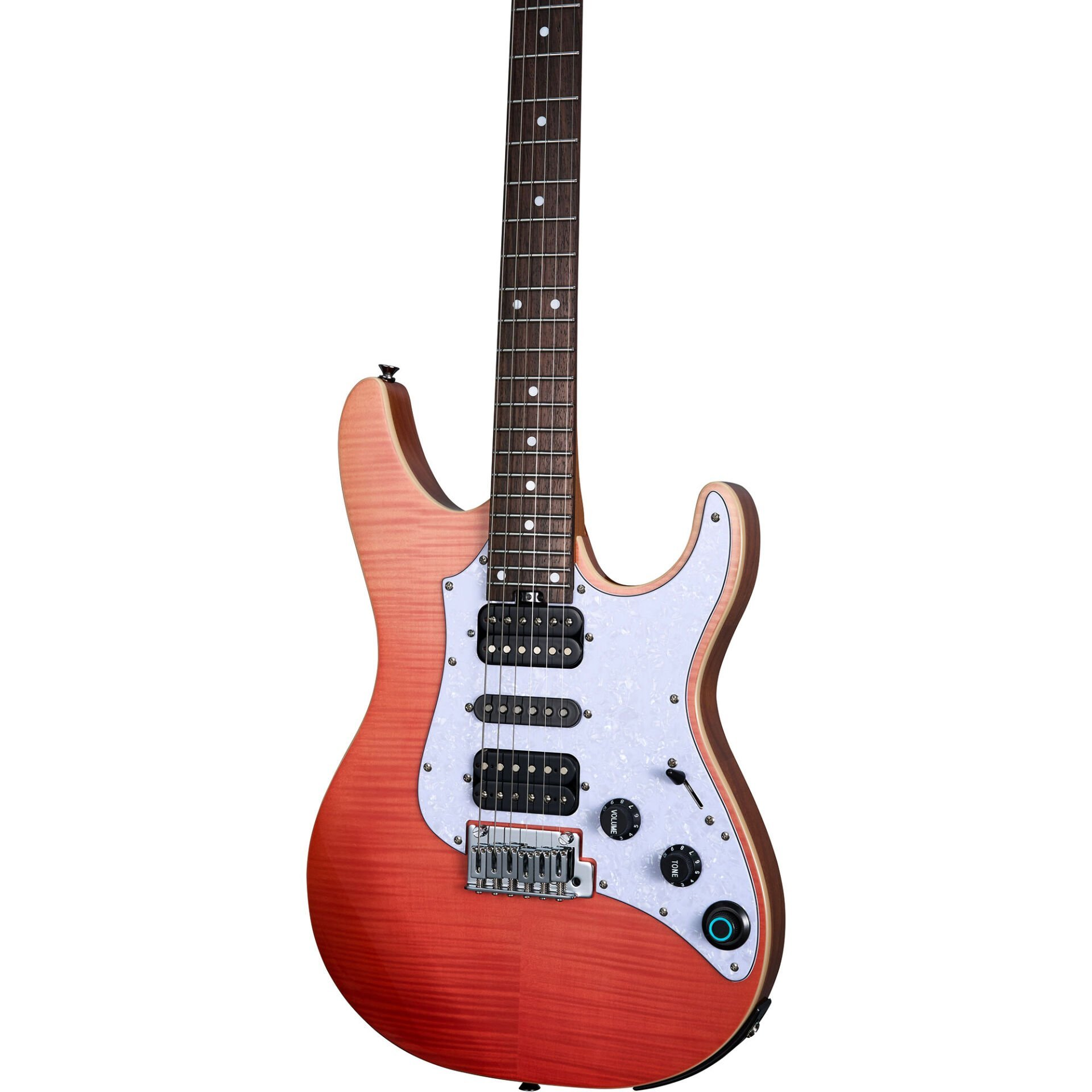 Beyaz pena koruyuculu, manyetikli ve telli kırmızı elektro gitar gövdesi.
